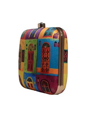 Multicolor doors printed square clutch bag for women 2