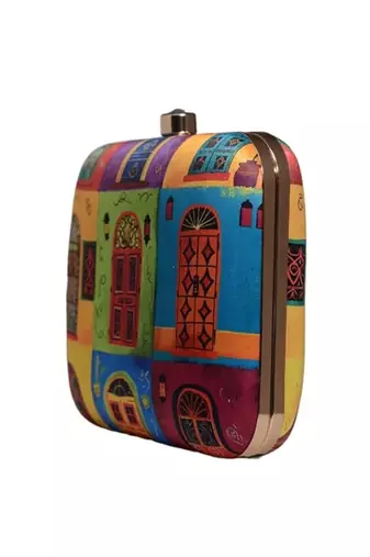 Multicolor doors printed square clutch bag for women