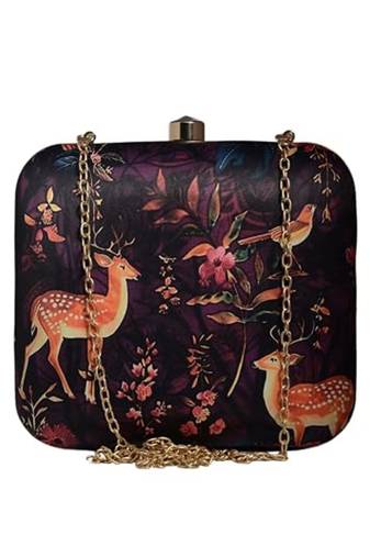 Womens deer and floral printed clutch bag with detachable metal chain