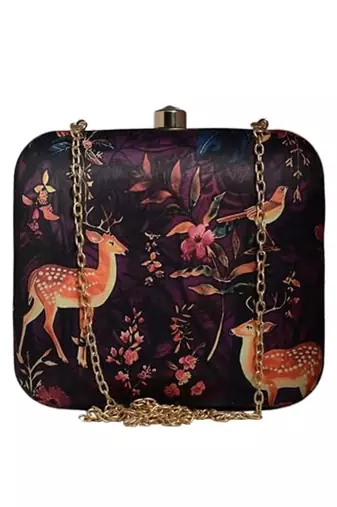 Womens deer and floral printed clutch bag with detachable metal chain