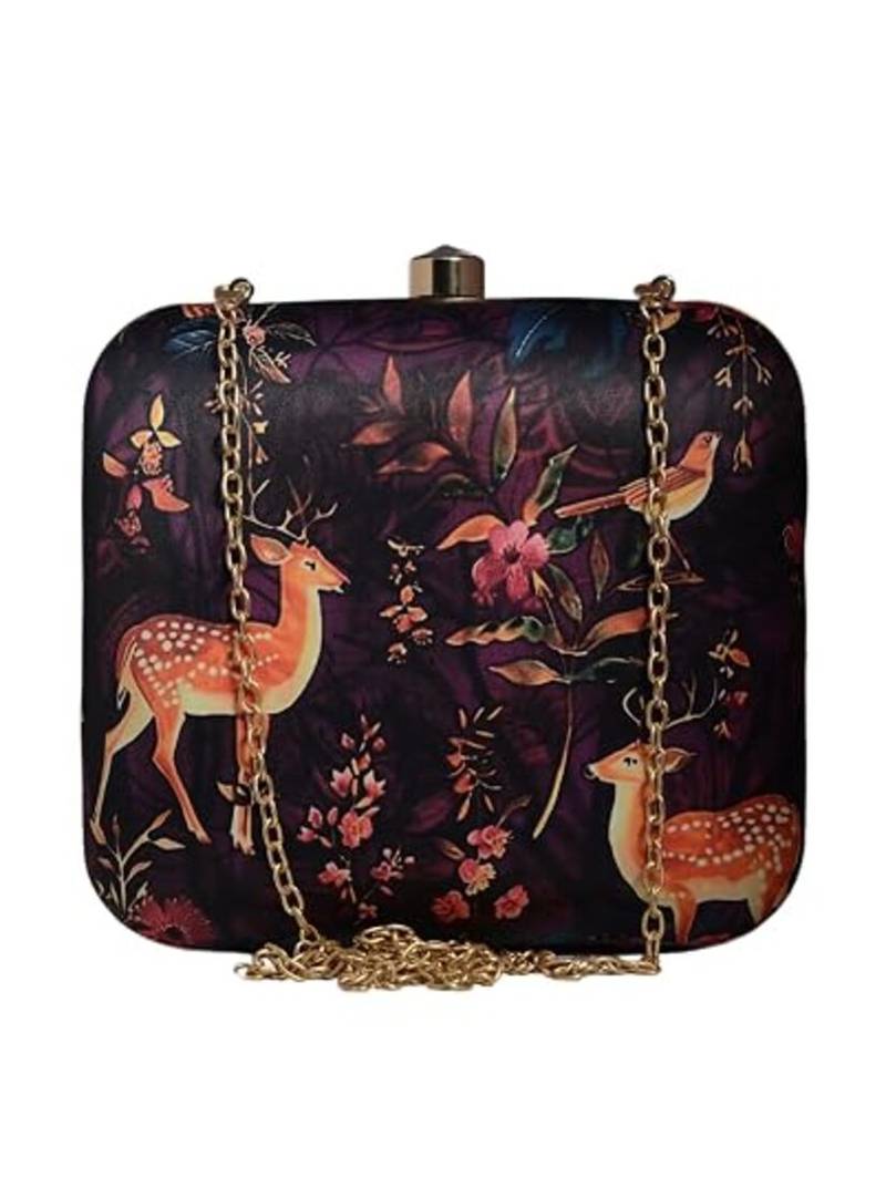 Womens deer and floral printed clutch bag with detachable metal chain