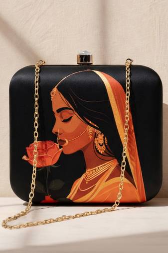 Printed box clutch bag for women with detachable strap