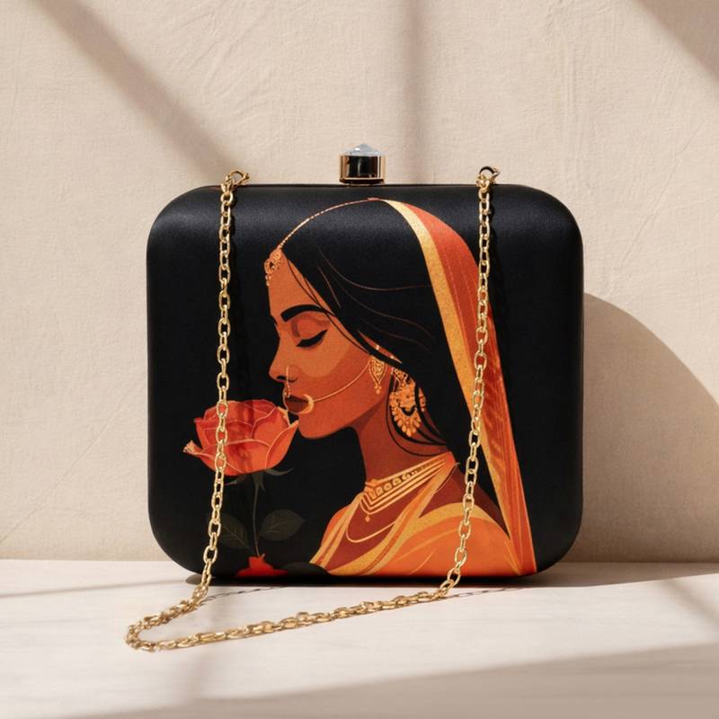 Printed box clutch bag for women with detachable strap