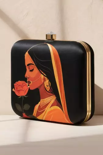 Printed box clutch bag for women with detachable strap