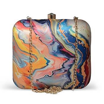 Multicolor abstract printed box clutch bag with detachable strap chain 1