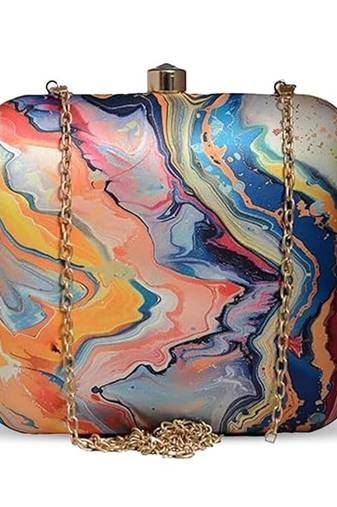 Multicolor abstract printed box clutch bag with detachable strap chain