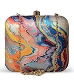Multicolor abstract printed box clutch bag with detachable strap chain