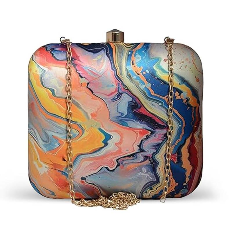 Multicolor abstract printed box clutch bag with detachable strap chain