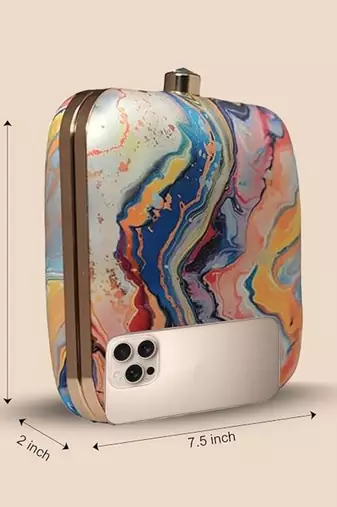 Multicolor abstract printed box clutch bag with detachable strap chain
