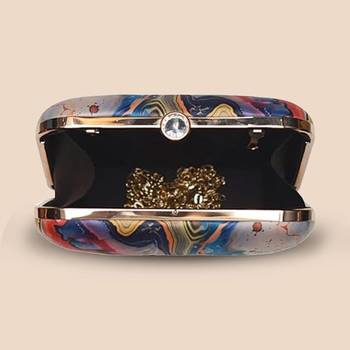 Multicolor abstract printed box clutch bag with detachable strap chain 3