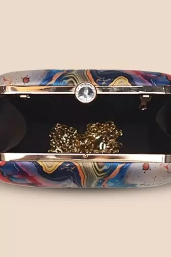 Multicolor abstract printed box clutch bag with detachable strap chain