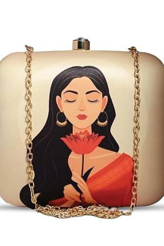 Printed box clutch bag for women with detachable strap