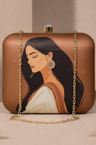 Brown, indian women in saree printed quirky designer clutch purse for ladies