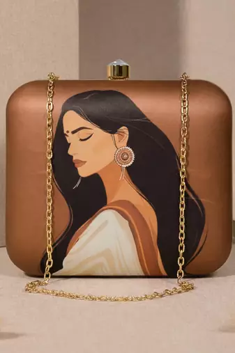 Brown, indian women in saree printed quirky designer clutch purse for ladies