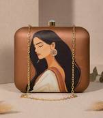 Brown, indian women in saree printed quirky designer clutch purse for ladies