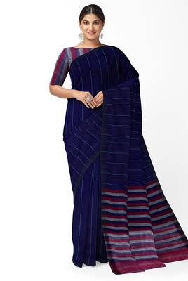 royal navy striped cotton blend saree 1