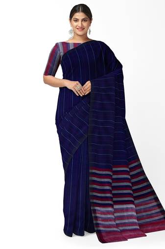 royal navy striped cotton blend saree