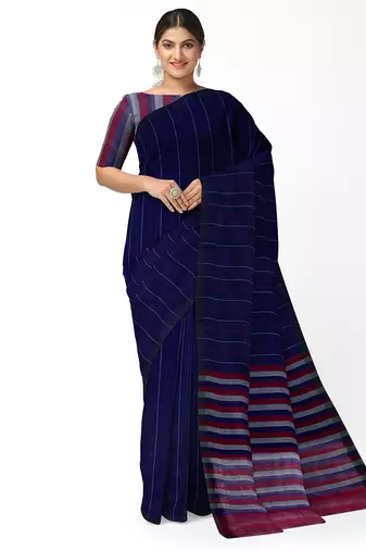 royal navy striped cotton blend saree