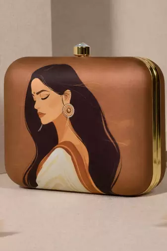 Brown, indian women in saree printed quirky designer clutch purse for ladies