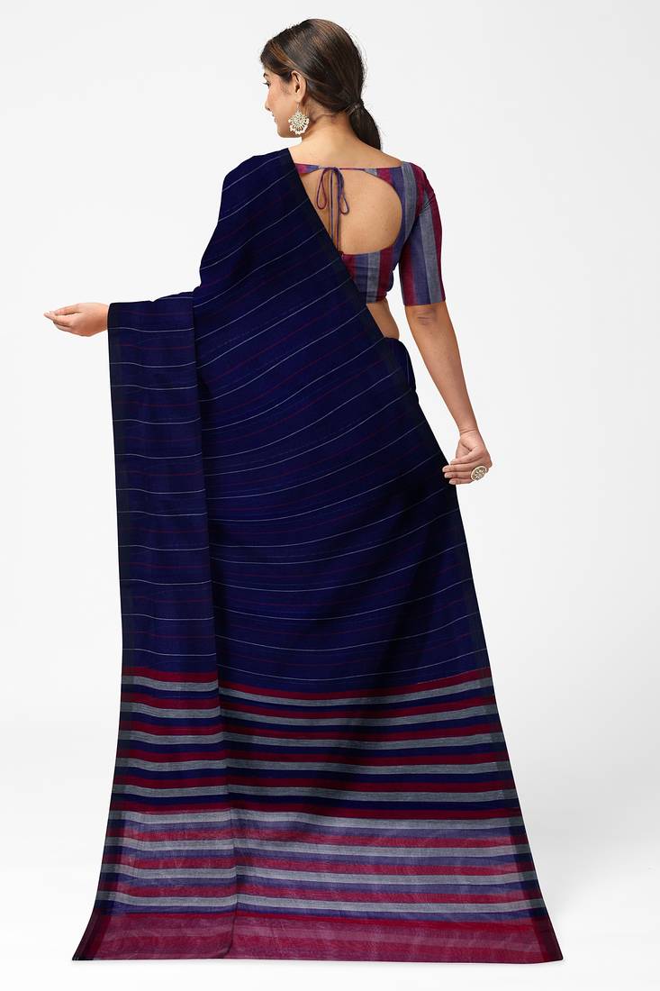 royal navy striped cotton blend saree