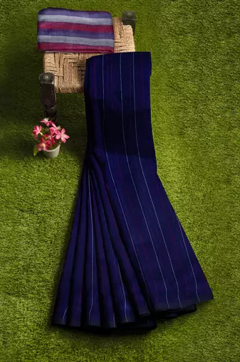 royal navy striped cotton blend saree