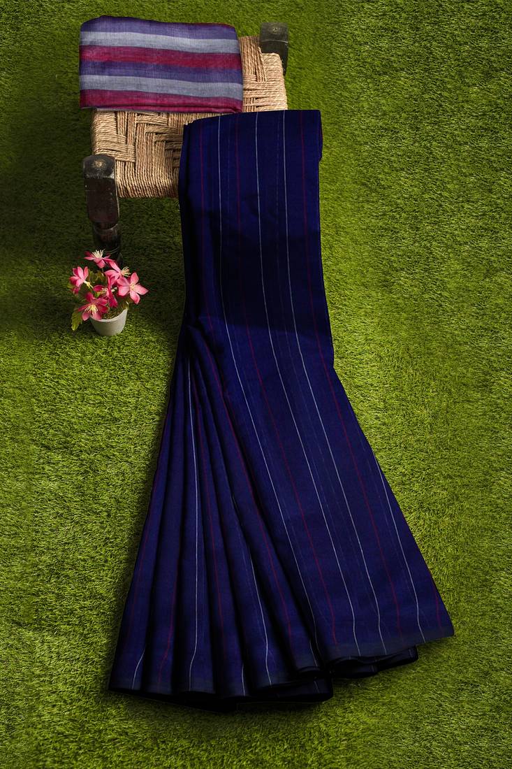 royal navy striped cotton blend saree