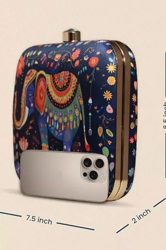 Printed box clutch bag for women with detachable strap
