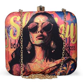 Multicolor girl boss artistic print box clutch sling purse quirky art 1