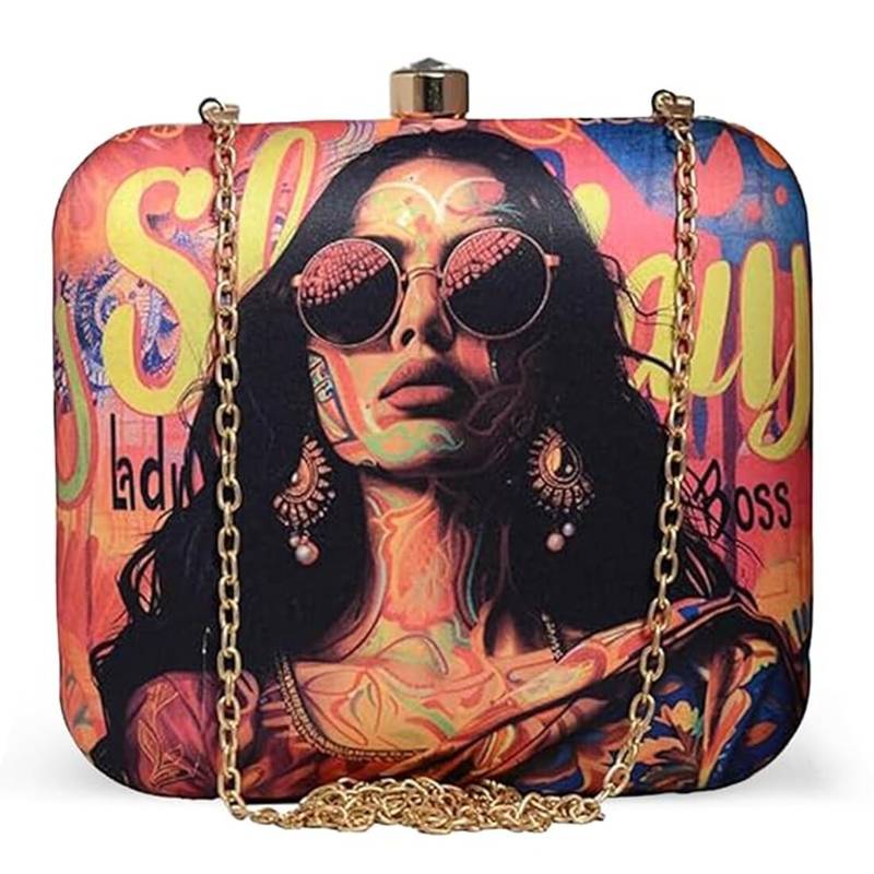 Multicolor girl boss artistic print box clutch sling purse quirky art