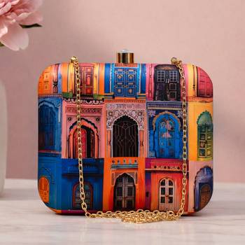 Multicolor radharani with krishna portrait printed square box clutch 1