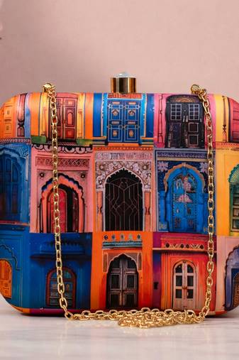 Multicolor radharani with krishna portrait printed square box clutch