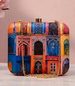 Multicolor radharani with krishna portrait printed square box clutch