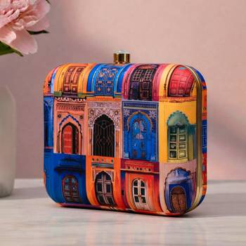 Multicolor radharani with krishna portrait printed square box clutch 2