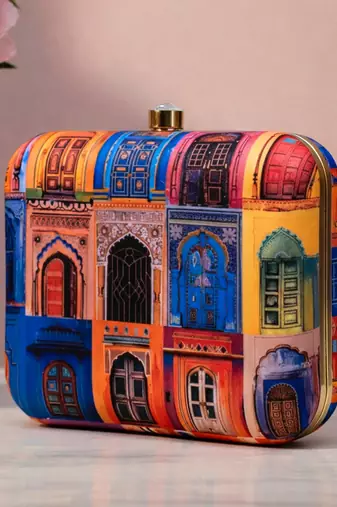 Multicolor radharani with krishna portrait printed square box clutch