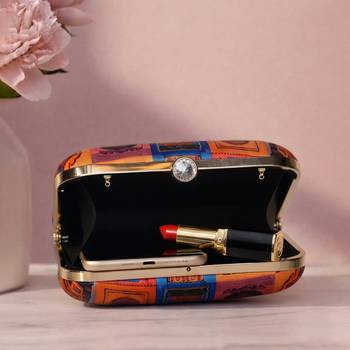 Multicolor radharani with krishna portrait printed square box clutch 3