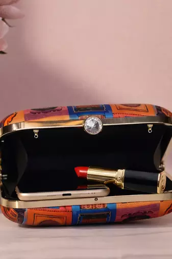 Multicolor radharani with krishna portrait printed square box clutch
