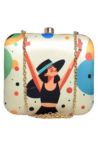 Multicolor girl with hat printed clutch box bag for women