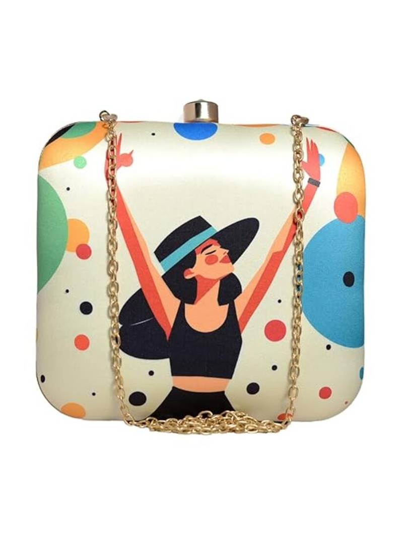 Multicolor girl with hat printed clutch box bag for women