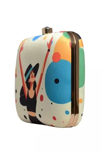 Multicolor girl with hat printed clutch box bag for women