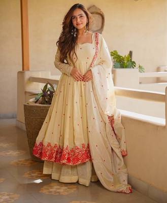 Ivory heavy silk embroidered anarkali gown set with sharara & dupatta 1