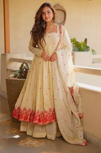 Ivory heavy silk embroidered anarkali gown set with sharara & dupatta