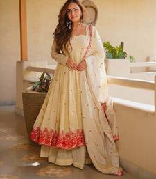 Ivory heavy silk embroidered anarkali gown set with sharara & dupatta