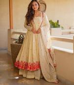 Ivory heavy silk embroidered anarkali gown set with sharara & dupatta
