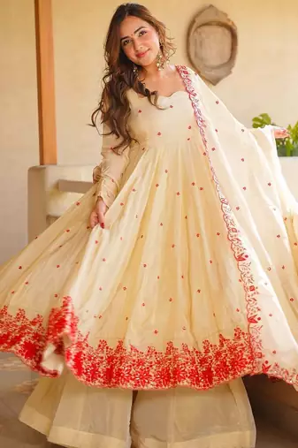Ivory heavy silk embroidered anarkali gown set with sharara & dupatta
