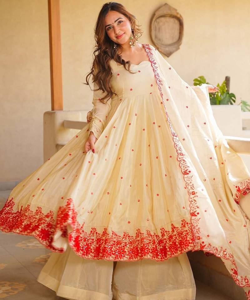 Ivory heavy silk embroidered anarkali gown set with sharara & dupatta