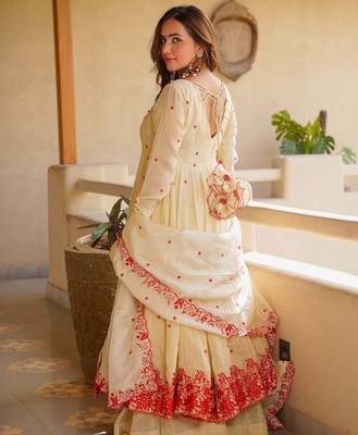 Ivory heavy silk embroidered anarkali gown set with sharara & dupatta 3