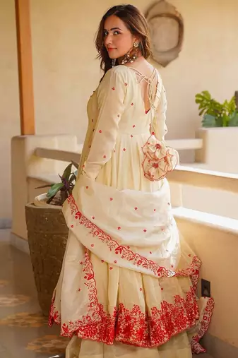 Ivory heavy silk embroidered anarkali gown set with sharara & dupatta