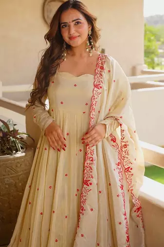 Ivory heavy silk embroidered anarkali gown set with sharara & dupatta