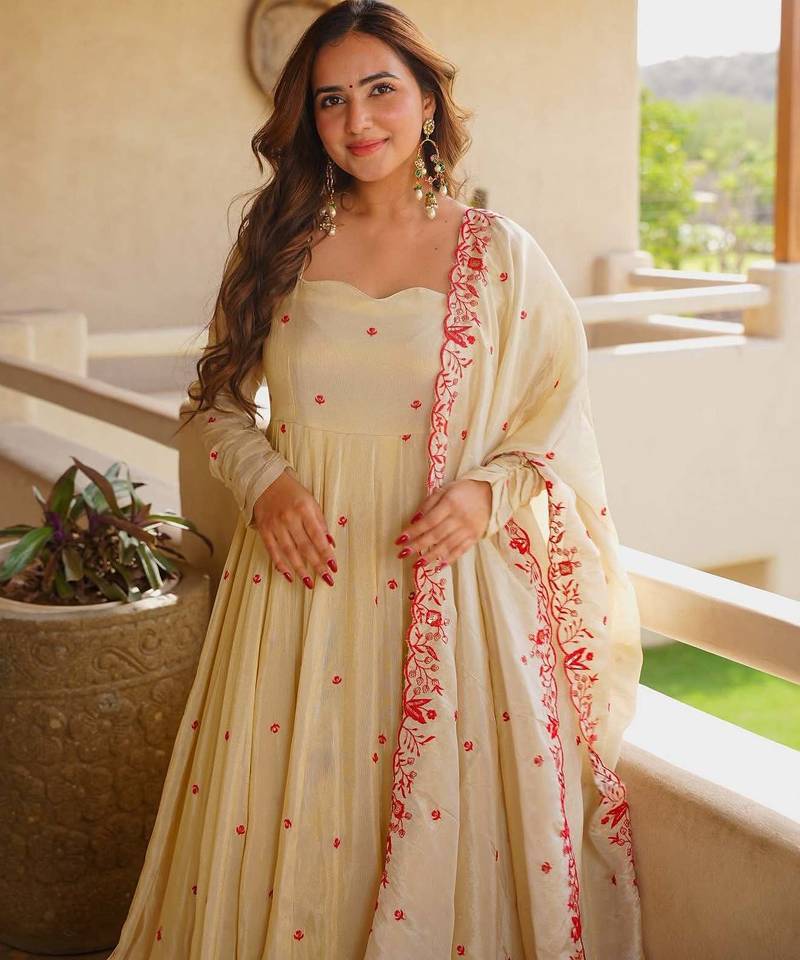 Ivory heavy silk embroidered anarkali gown set with sharara & dupatta