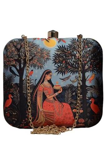 Women portarit printed box clutch for women with detachable strap